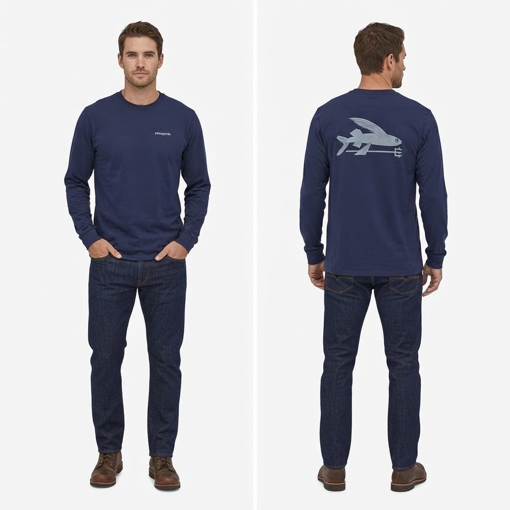 Patagonia Long Sleeve T-Shirt Mens Small Navy Blue Flying Fish Responsibili-Tee